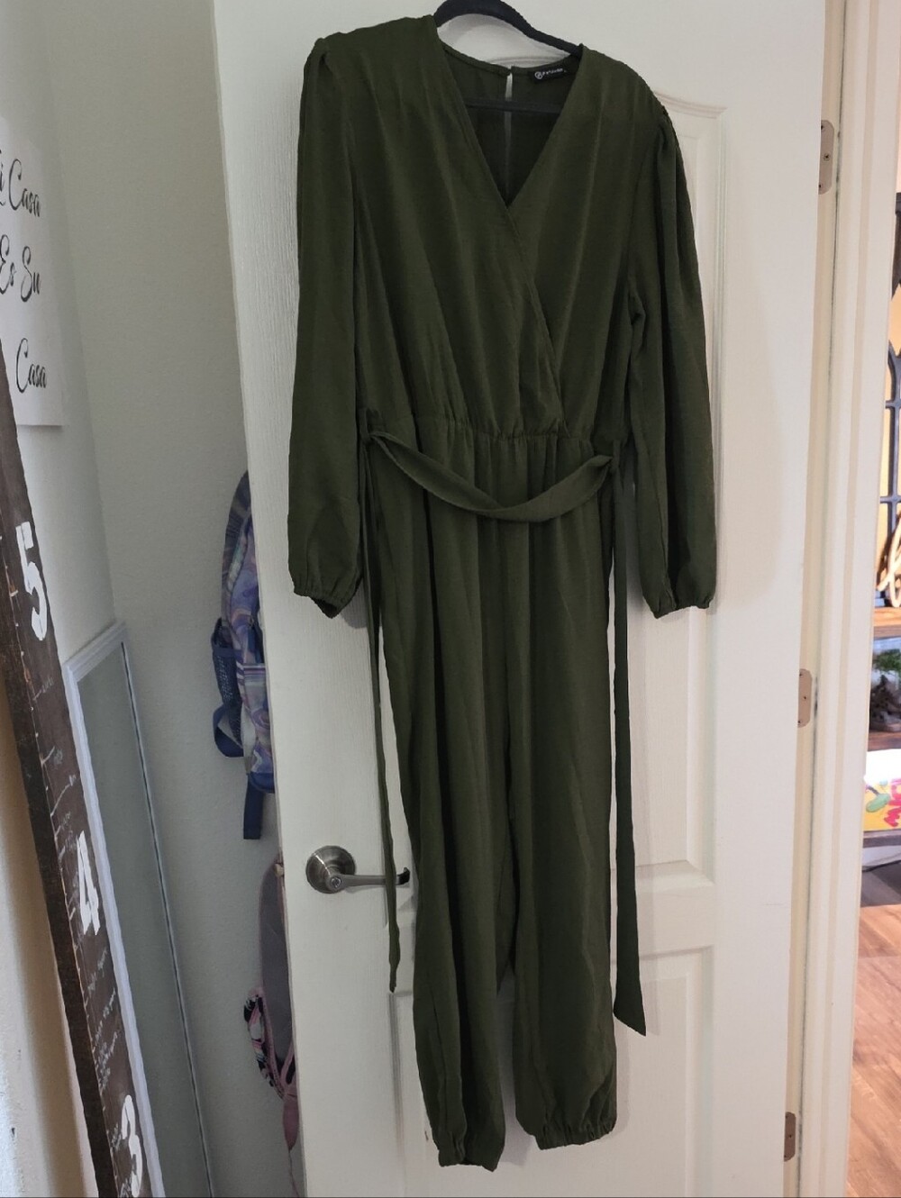Women's Olive Green Long Sleeve Wrap Jumpsuit